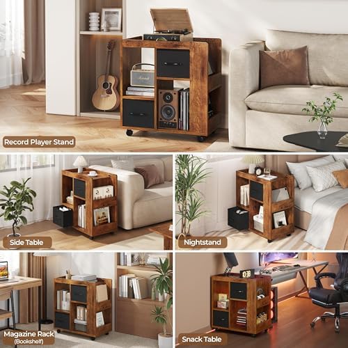 Yaheetech Narrow End Table Storage Drawer Rolling Shelves, Rustic Brown
