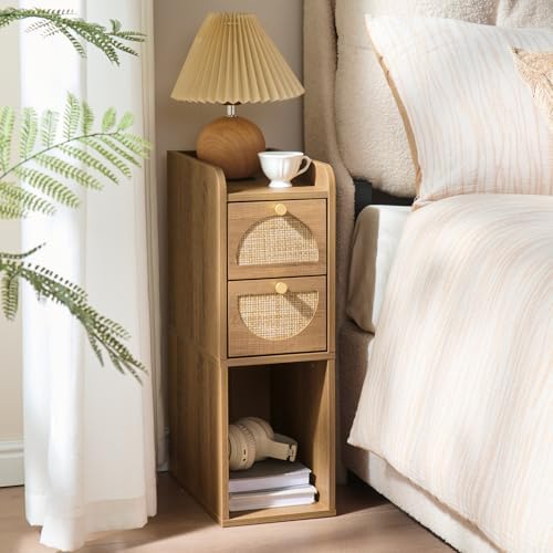 Narrow Nightstand (Rattan & Wood) - Small Bedside Table with 2 Drawers, Open Shelf, Mid Century Modern End Table - for Bedroom, Living Room & Small Spaces, Rustic Oak Rattan