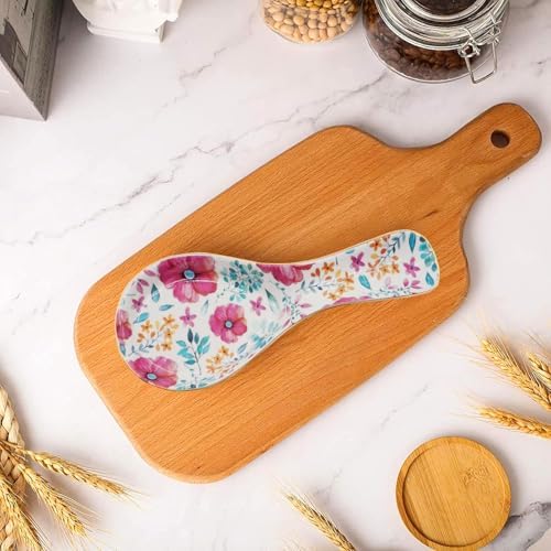 Ceramic Spoon Rest for Stove Top Kitchen Counter Large Spoon Holder Farmhouse Floral Flowers Print Coffee Spoon Cooking Utensil Tools Rest Modern Kitchen Decor