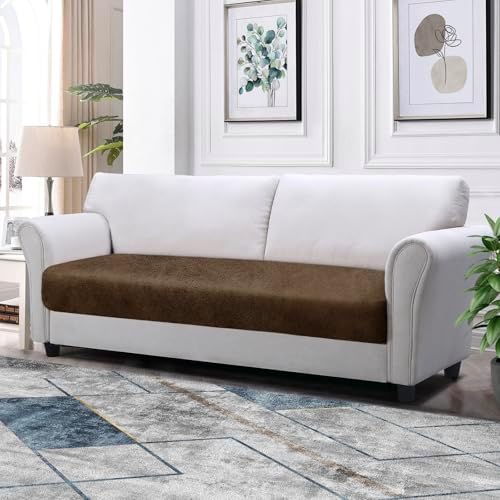 Loveseat Cushion Cover Leather-Look 1PC Stretch Love Seat Slipcover for Living Room Individual Couch Seat Protector, Pet-Friendly, Non-Slip, Easy Fit - Brown