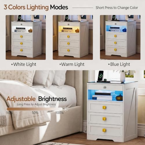 Smart LED Nightstand with Lockable Gun Drawer & Glass Top（White）