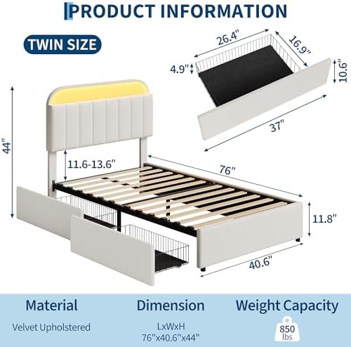 GarveeHome Twin Bed Frame, Platform Bed with Storage Headboard & Drawers