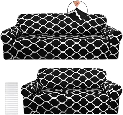 Peryiter 2 Pcs Black Couch and Loveseat Sofa Covers,2 Size