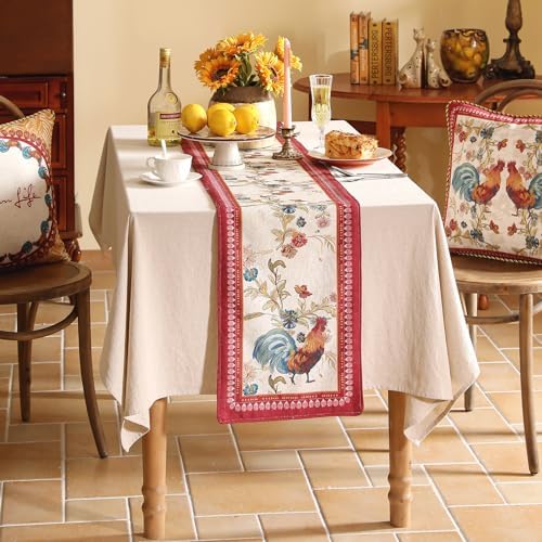 patdrea Designer Farmhouse Linen Extra Long Table Runner,Rustic Cottage Mauve with Rooster and Floral Pattern Fabric Table Mat,Decoration for Kitchen Dining Christmas New Year Banquet, 12"*118"