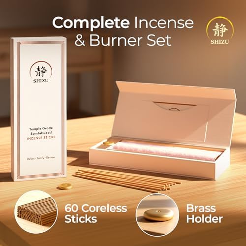 Shizu Sandalwood Incense Sticks – Artisanal Temple Grade Japanese Incense with Brass Holder – Subtle, Calming Scent for Relaxation, Meditation & Home Spa, Elegant Gift Set (60 Sticks)