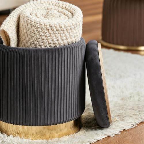 Round Ottoman with Storage Set of 2 Gray Velvet Vanity Stool