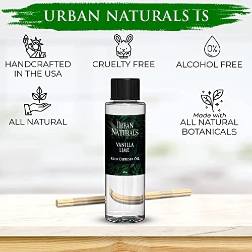 Urban Naturals Reed Diffuser Oil Refill, Vanilla Lime Citrus Essential Oils with Cane Sugar, Lime, Vanilla, 4 oz + Free Reed Sticks, Made in the USA