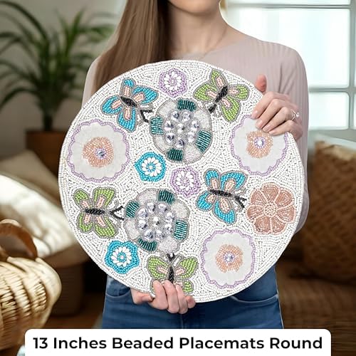 Beaded Round Placemats Set of 1, 13 Inch Butterfly Floral Ivory Multi