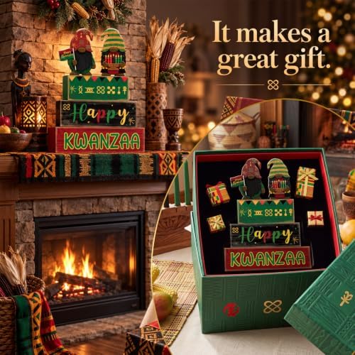 Yuntau 4 Pcs Happy Kwanzaa Books Table Decor Black Gnome Stacked Signs