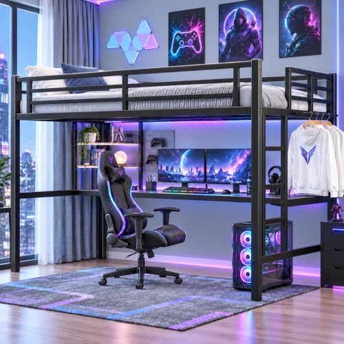 Twin XL Loft Bed with Desk, USB Charging Station, LED Light and 2 Storage Shelves, Metal Heavy Duty Loft Bed Twin Size for Adults, Teens, No Box Spring Needed (Black, Twin XL)