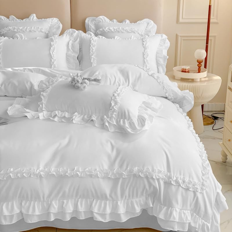 Girls Lace Bedding, Queen Comforter Cover Set, Chic Ruffled Duvet Cover with 2 Layers Ruffle,Princess Style 1 Duvet Cover with 2 Pillowcases, No Comforter-White,Queen Size