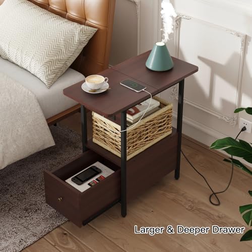 LIDYUK End Table with Charging Station, Narrow Side Table with Drawer