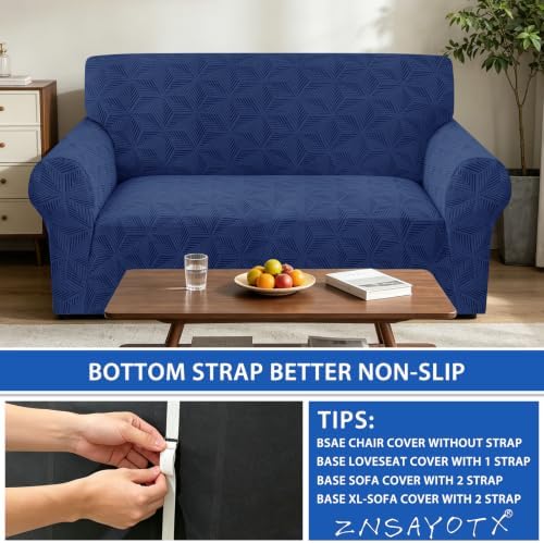 ZNSAYOTX Stretch Couch Cover, 1 Piece Sofa Covers for 2 Cushion Couch, Jacquard Loveseat Slipcovers with Elastic Bottom Thickened Furniture Protector for Dog Cat Pet (Medium, Navy Blue)