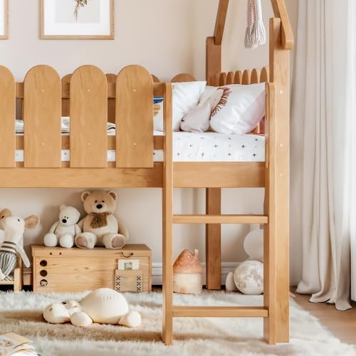 Bellemave Low Loft Bed Full with Slide and Lights Strip for Kids, Natural