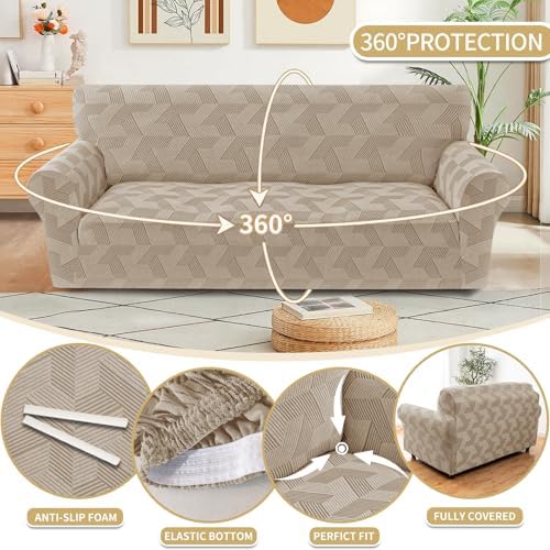 JIVINER 1 Piece Couch Cover for 2 Cushion Couch, High Stretch Loveseat Covers with Elastic Bottom, Washable Sofa Slipcovers for Dog, Pets Feature Geometrical Jacquard Fabric (Loveseat, Khaki)