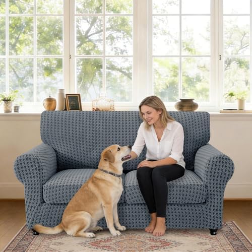 MAXIJIN 3 Pieces Stretch Sofa Covers for 2 Cushion Couch Loveseat Cover for Dogs Washable Love Seat Sofa Slipcovers Thick Soft Furniture Protector with Non Slip Strap (Dark Gray, 55"-69")