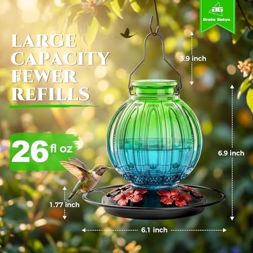 Glass Hummingbird Feeder for Outdoors Hanging, Bird Nectar Feeder with Perch & 5 Flower Feeding Ports, 26 Oz Leak Proof for Outside Garden Decor Backyard, Gifts for Women Mom, Green & Blue