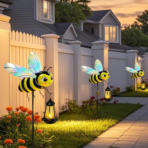 EDOF 32.28in Metal Bee Garden Stakes with Solar Lights Outdoor Decorative