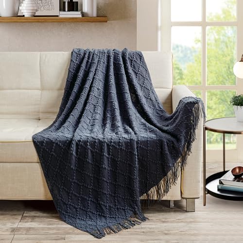 BOURINA Navy Throw Blanket 50 x70 Inch Jacquard Throw Knitted Blanket