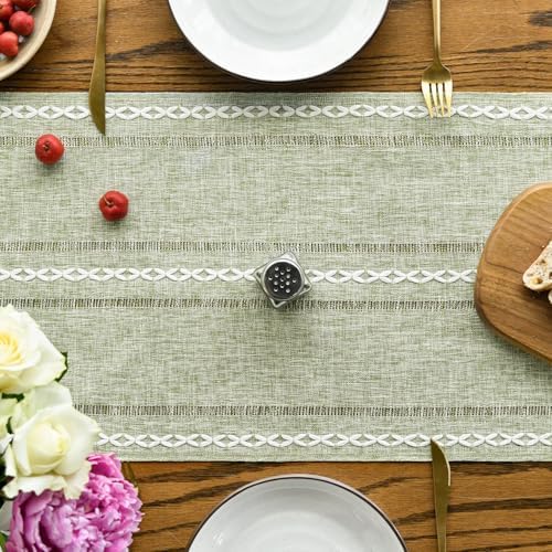 Artoid Mode Sage Green Rustic Cotton Linen Table Runner, Seasonal Embroidered Hollow Kitchen Dining Table Decoration for Home Party Decor 13x60 Inch