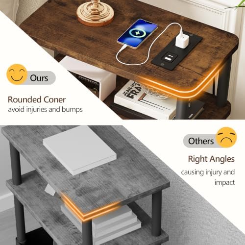 Small Narrow Side Table with Charging Station, 3-Tier Skinny End Table with Fabric Basket, Easy Assembling, Slim Nightstand Bedside Table for Small Spaces, Living Room, Bedroom