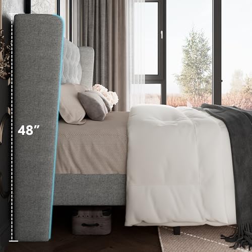 GalnFu Full Size Bed Frame with Button Tufted Headboard, Upholstered Platform Bed Frame with UnderBed Storage, Wooden Slats Supports, Noise Free, No Box Spring Needed, Easy Assembly, Light Grey