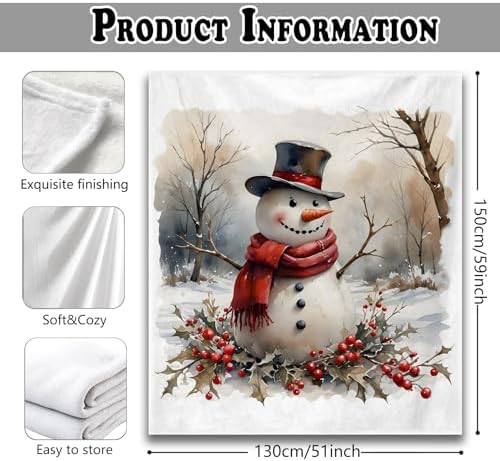 Christmas Snowman Throw Blanket for Couch, Rustic Christmas Decor, Vintage Red Xmas Snowman Winter Holiday Throw Blanket for Bedroom Living Room Home Decoration, 50x60 Inches