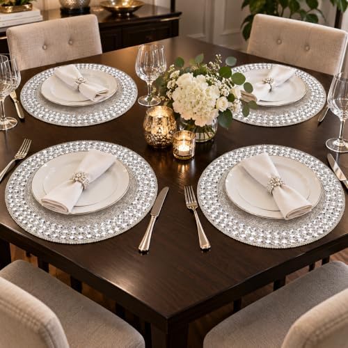 Beaded Round Placemats 13 Inch, Handmade Silver Stone Border Round placemat
