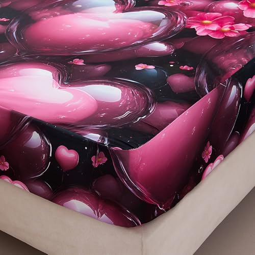 Bedding Fitted Sheet with Deep Pocket,3D Pink Heart Balloon Pattern Printed Fabric Bed Sheets (Red Heart,King)