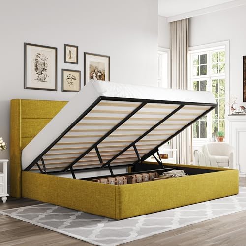 Allewie King Size Lift Up Hydraulic Storage Bed Frame Olive Yellow