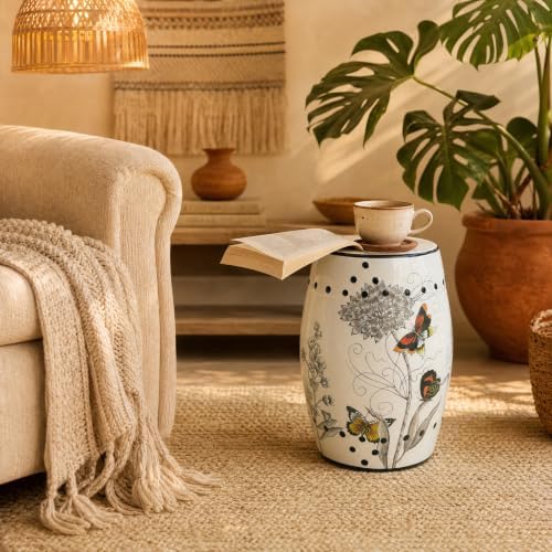 Ceramic Stool Accent Seat, End Table Butterfly Decor
