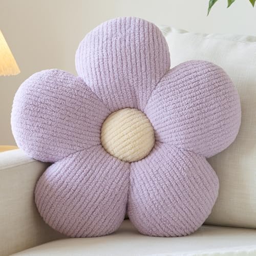 Flower Pillow, Decorative Throw Pillow for Couch, Cute Decor Pillows for Bed, Aesthetic Flower Shaped Pillow Fun Cushion (Lavender Purple, 14.9 Inches)
