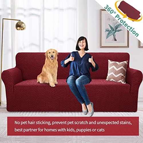 YEMYHOM Couch Cover Latest Jacquard Design High Stretch Sofa Covers for 3 Cushion Couch, Pet Dog Cat Proof Slipcover Non Slip Magic Elastic Furniture Protector (Sofa, Christmas Wine Red)