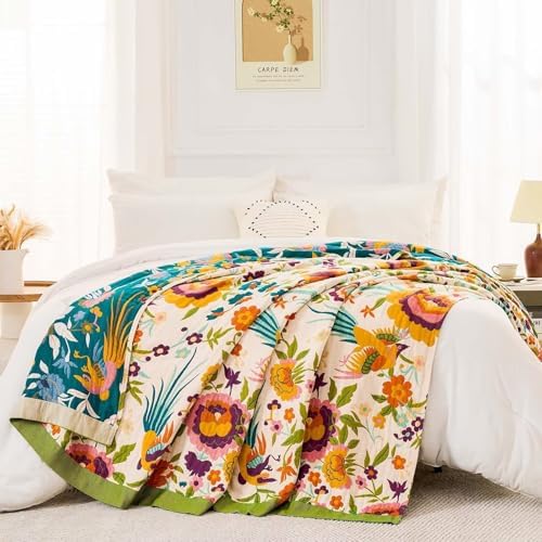 XIBLC Boho Throw Blanket for Bed, 100% Cotton Soft Rustic Quilt Fall Blanket, 90"x98" Floral Printed Farmhouse Decor Bed Blankets, All Season Rustic Reversible Bohemian Throw Quilt