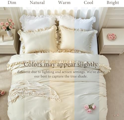 Simple&Opulence Kids 100% Organic Cotton Duvet Cover with Ruffle 68 x 86-2 PCS High End Floral Frill Lace Bedding, Romantic Cottagecore Style Comforter Cover with 1 Pillowcase, Beige Twin