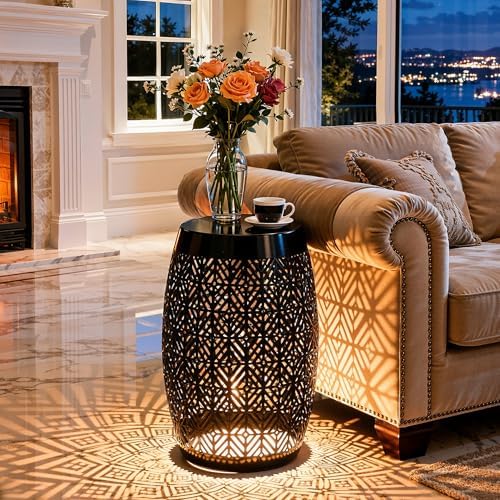 18" Metal LED Outdoor Side Table, 3-Mode Lights, Modern Drum Design