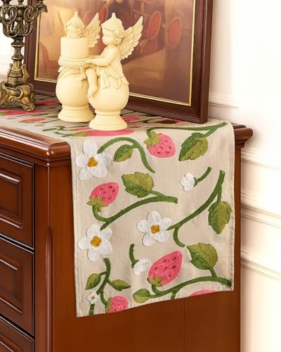 Canvas Embroidered Narrow 13"x 108" Table Runner, Pink Strawberry