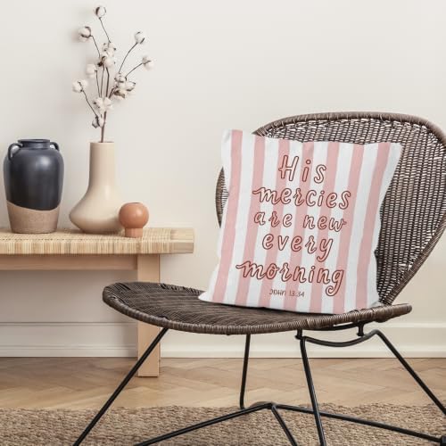 Preppy Pink Striped Christian Bible Verse Throw Pillow Cover 18x18