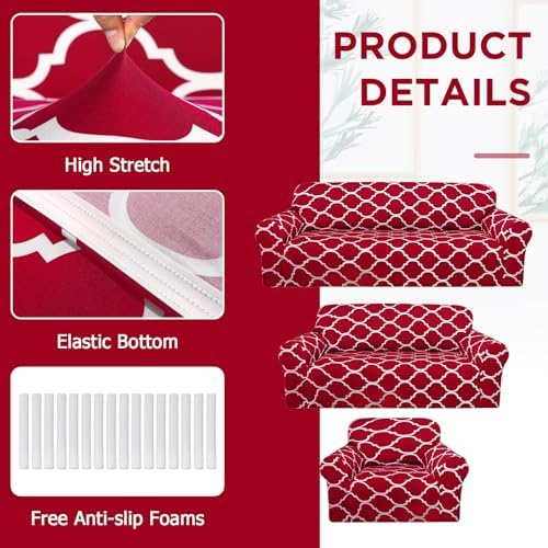 Peryiter 3 Pcs Red Couch and Loveseat Sofa Covers,3 Size