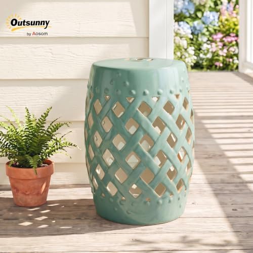 Outsunny 12.5" x 18" Ceramic Garden Stool Outdoor Stool Woven Lattice Green