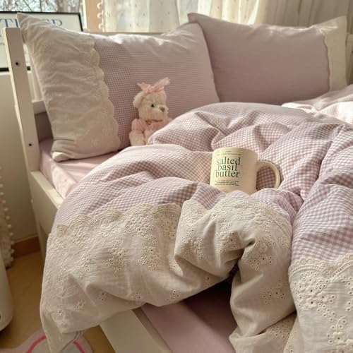 mixinni Purple White Gingham Duvet Cover Queen Size - 3 Piece Cottagecore Plaid Bedding Set with Lace Trim, Soft Washed Microfiber Vintage Aesthetic Grid Comforter Cover & Pillow Shams