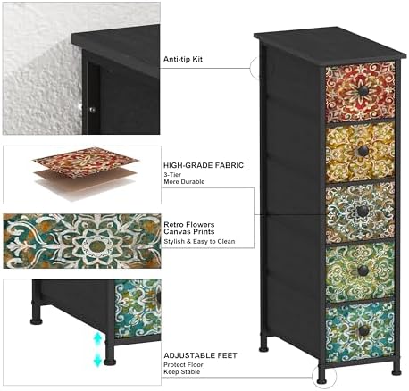 GiftGo Retro Skinny Dresser with Fabric Drawers Thin Slim Boho Mandala Flower Chest of Drawers Narrow Storage Tower for Small Spaces Gaps Bedroom Beautiful Nightstand Living Room Table