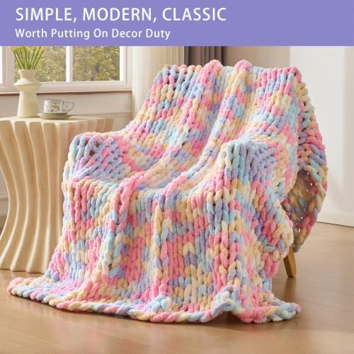 Bigacogo Chunky Knit Throw Blanket for Couch, 51x63 inches, Pink Blue Mix