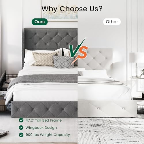 LARMACE Queen Size Platform Bed Frame with 4 Storage Drawers and 47.2" Tall Tufted Headboard Linen Upholstered Bed Wingback Bed Frame with Wooden Slats Support, Easy Assembly, Light Grey