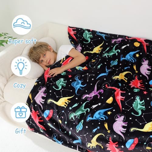Softan Kids Throw Blanket for Girls & Boys, Warm Soft Toddler Flannel Blankets for Sofa Couch Bed， Cozy Fuzzy Plush Flannel Kids Throw Blanket for Daycare & School - Space Dinosaur 50x60 inches
