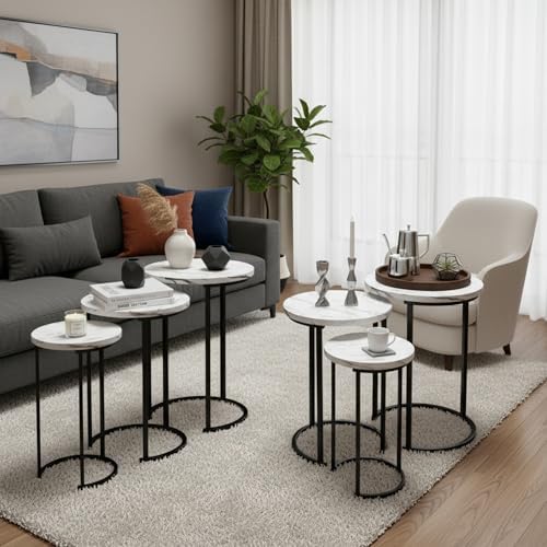 Lavish Home Round Nesting Tables Set of 6, Faux Marble Tabletop, White