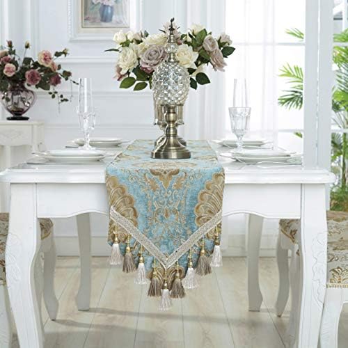 Embroidery Luxury Table Runner Jacquard Fabric Table Runner with Multi-Tassels for Dining Room Dresser Wedding Party Decorations, 13" x 82", Blue