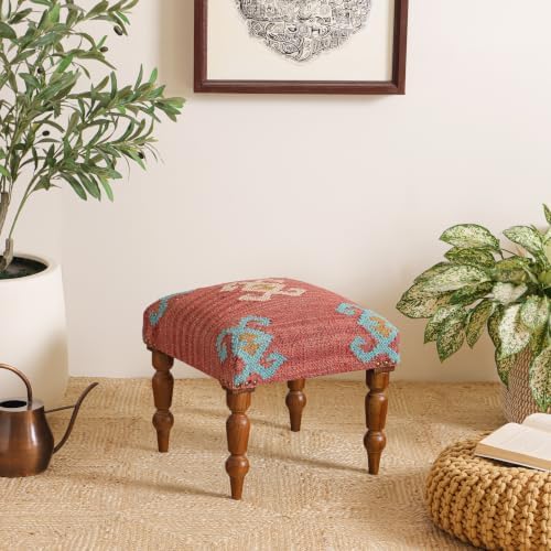 Handmade Jute Ottoman Stool with Wooden Legs | Square Upholstered Foot Rest & Accent Seating | Woven Vanity Stool for Living Room, Bedroom, Hall, Entryway & Home Décor (Red)