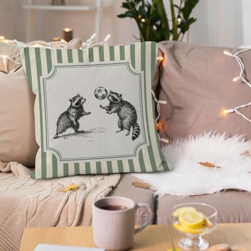 Funny Soccer Raccoon Sports Throw Pillow Cover 18x18, Sage Green Striped Raccoon Decorative Pillow Covers for Kids Boys Room Bedroom Playroom, Sports Nursery Decor Accent Pillows Cover Pillowcases