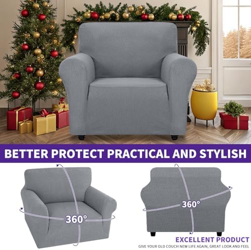 ZNSAYOTX Super Stretch Chair Slipcover Universal Sofa Chair Covers for Living Room Dogs Pet Furniture Protector Spandex Armchair Slipcovers with Anti Slip Foam Sticks (Light Grey, Chair)